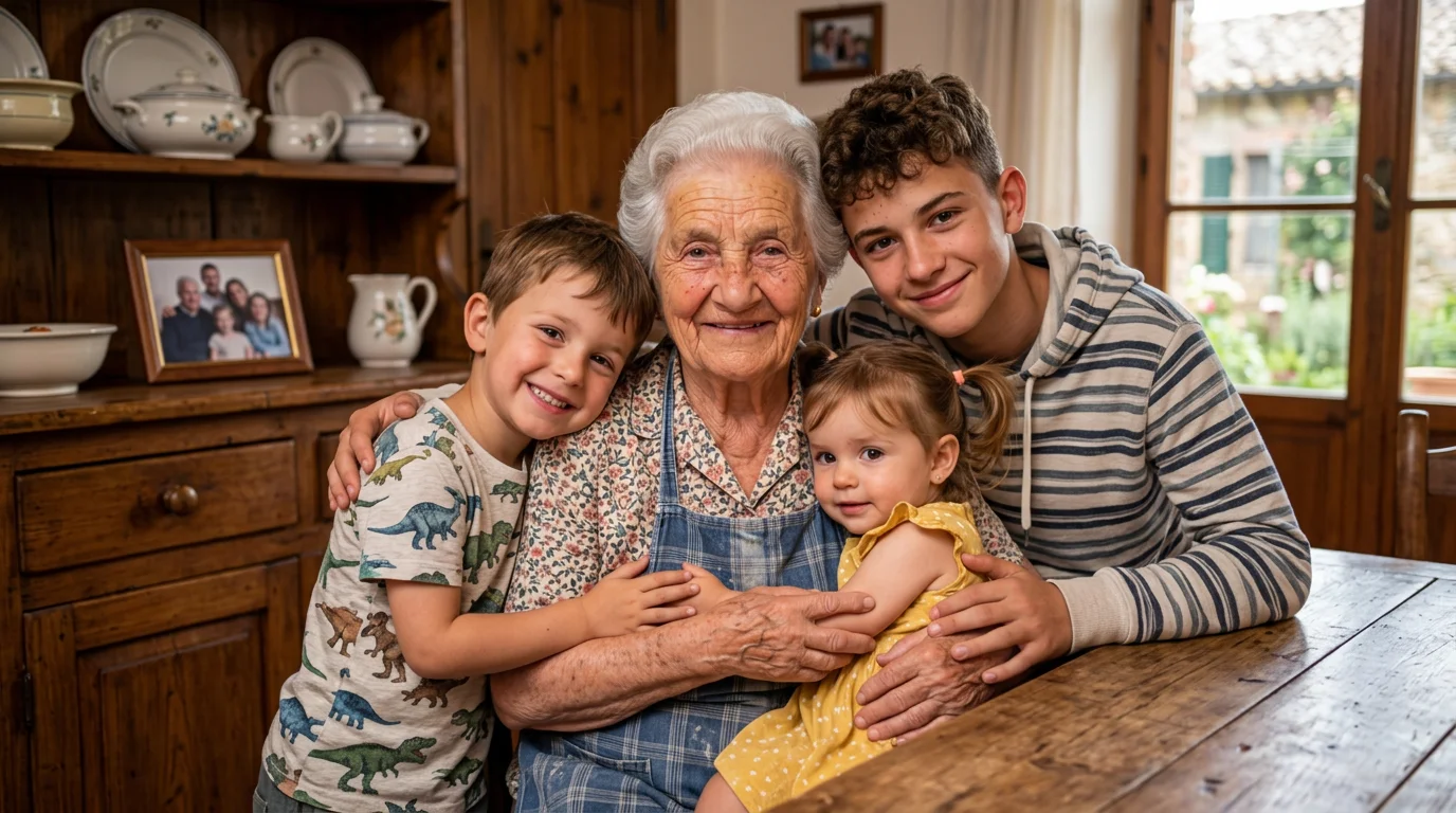 Nonna Lucia at the kitchen table, hugged by three of her grandchildren.