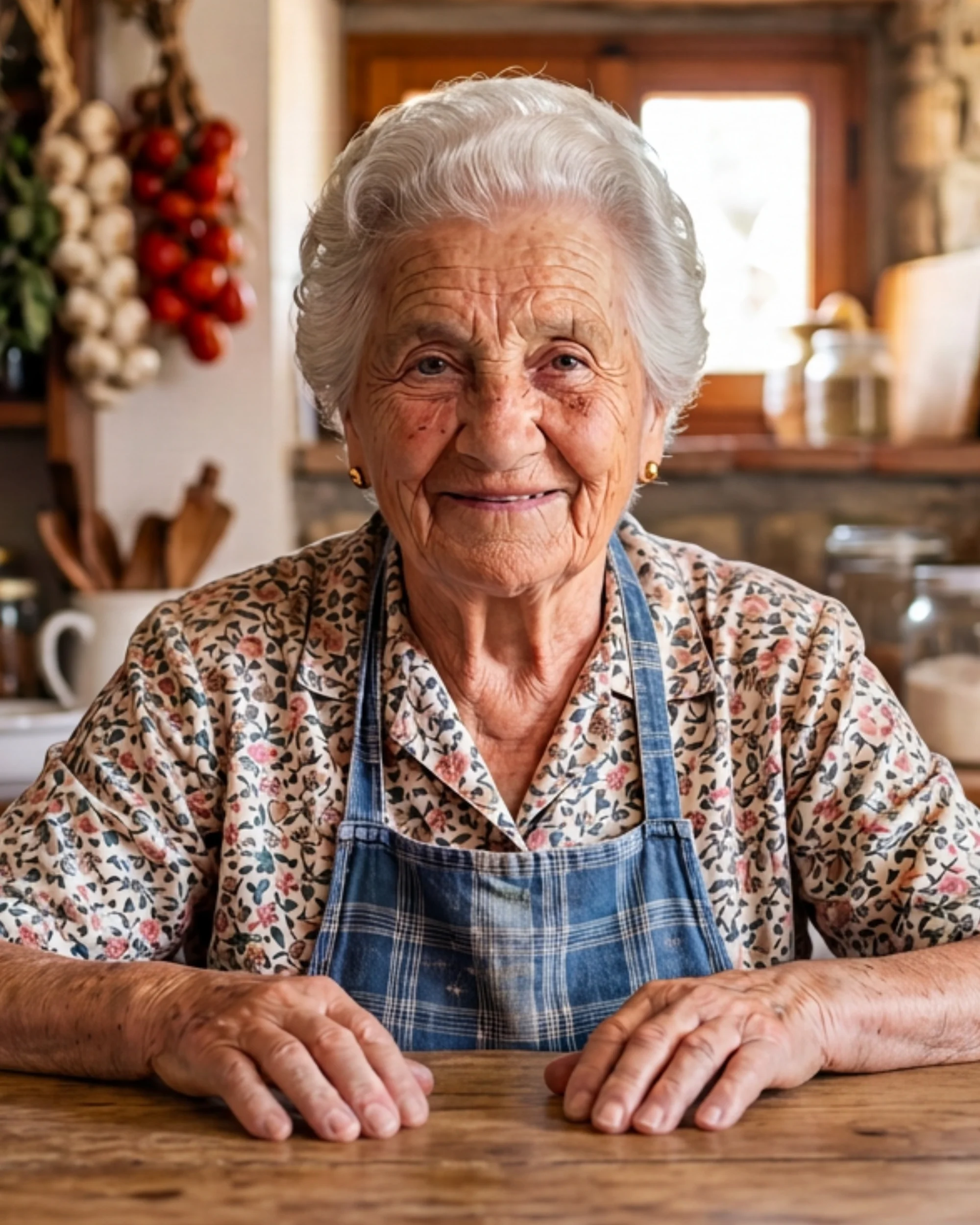 Nonna Lucia standing at her bright kitchen counter, holding a cast-iron skillet and smiling slightly.