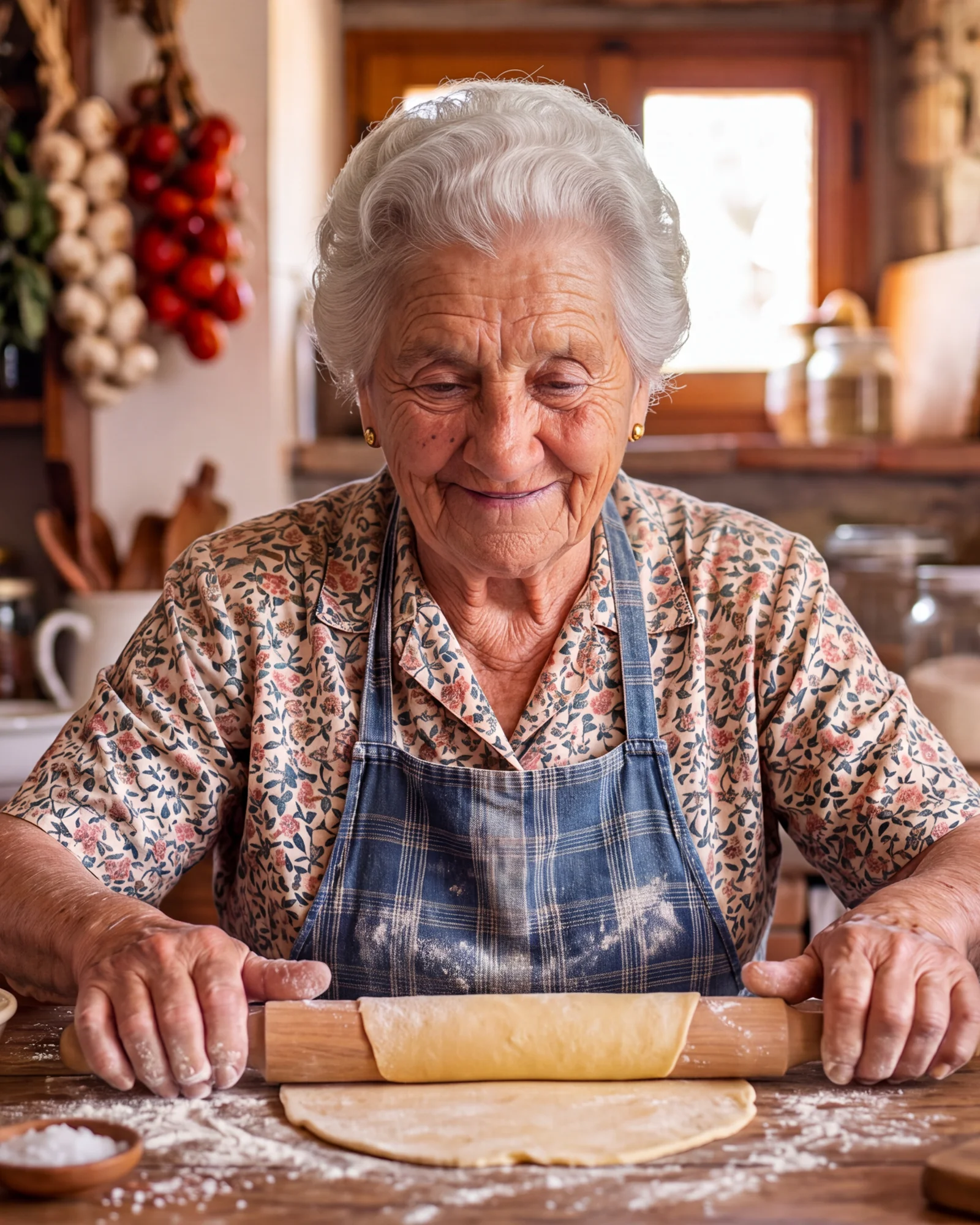 Nonna Lucia at the stove, seasoning food in a skillet while she cooks.