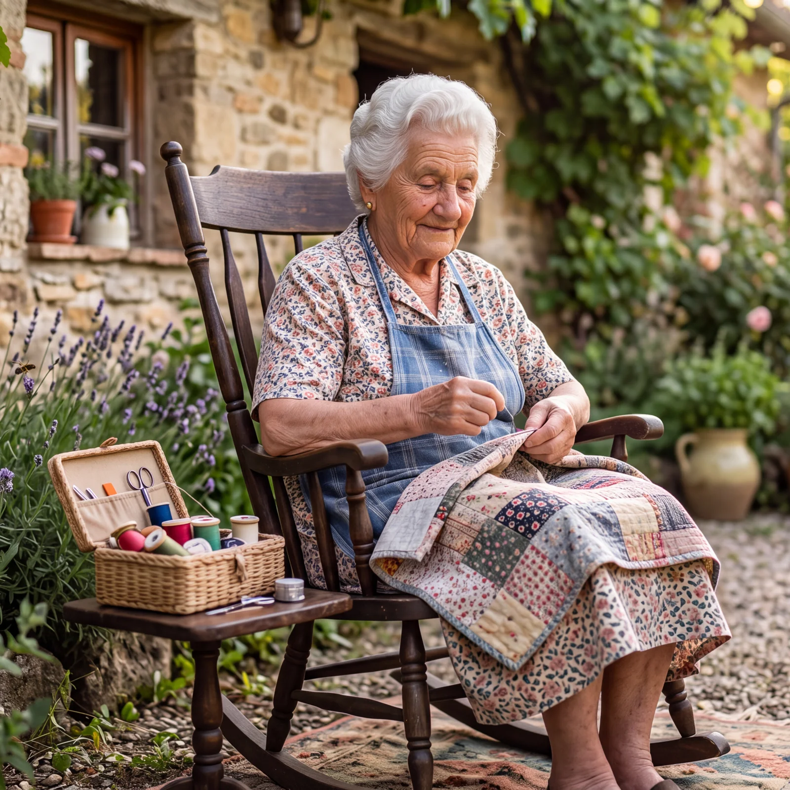 Portrait of Nonna Lucia, silver-white hair, floral cream blouse and blue plaid apron, sewing in her garden.