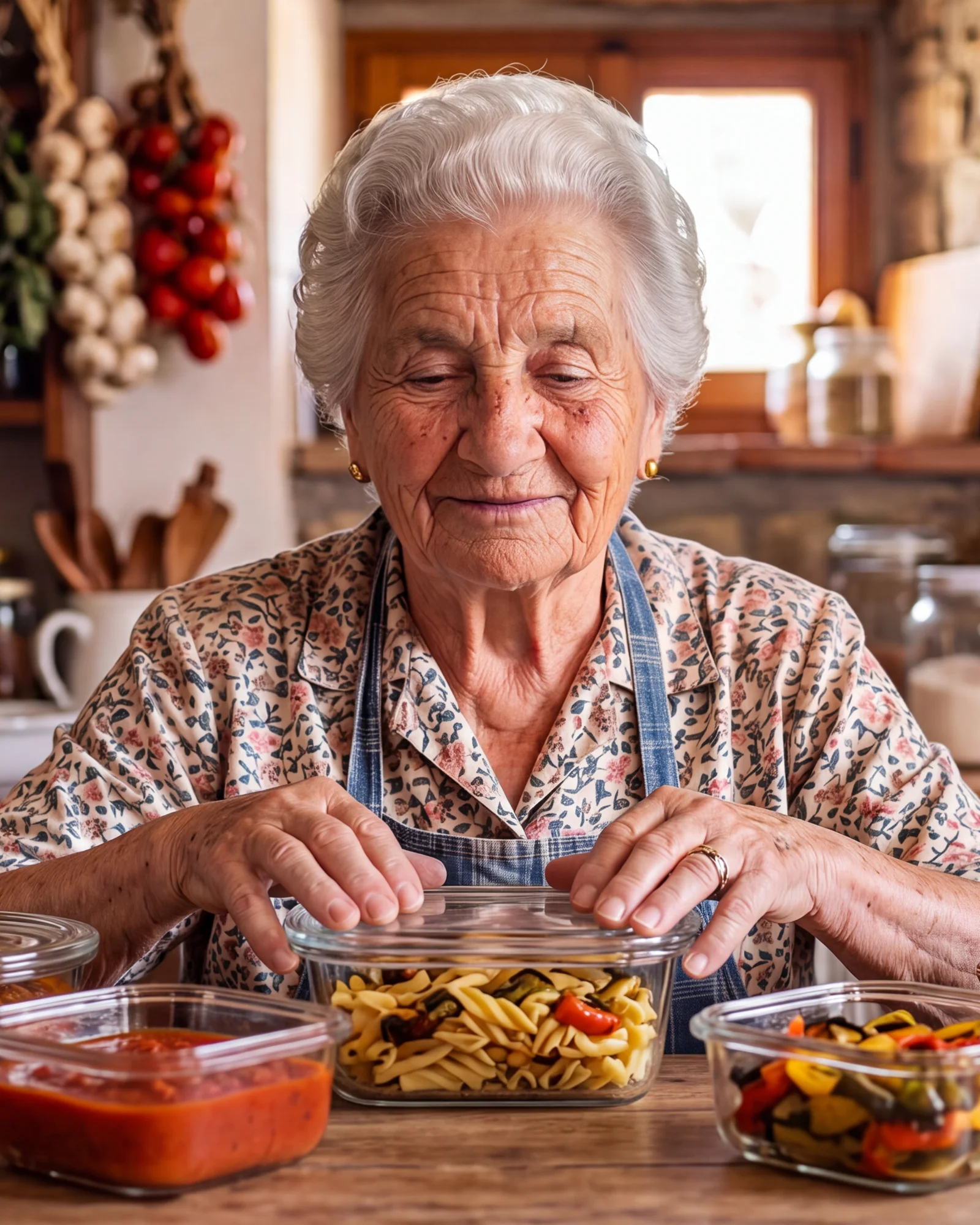 Nonna Lucia holding a glass food container of fresh ingredients beside her fridge.
