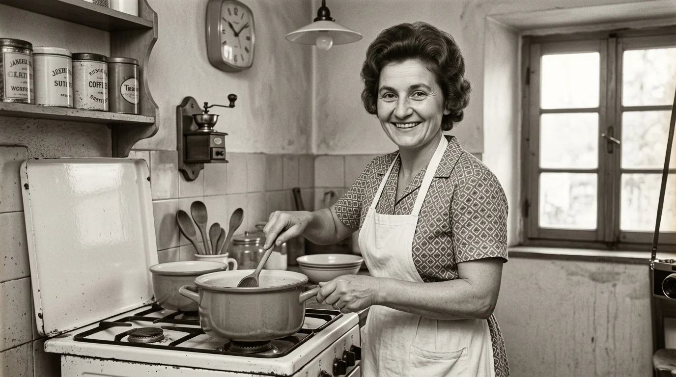 A 1970s-style kitchen scene from the world of Nonna Lucia: a woman stirring a pot on an old enamel stove.